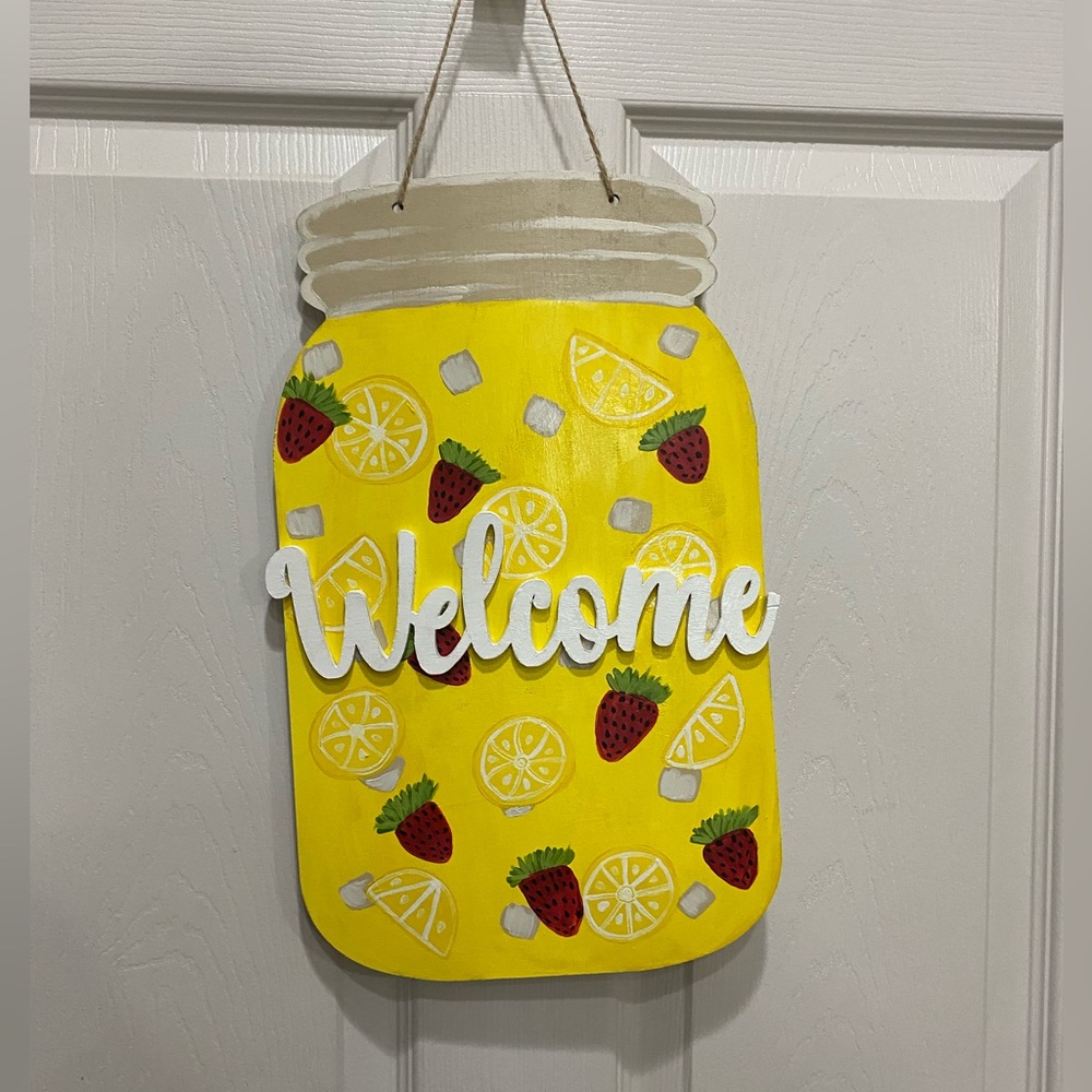 Hand-Painted Strawberry Lemonade Mason Jar Door Hanger